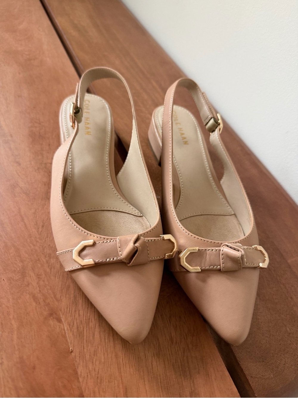 Cole Haan Nude/Tan Pointed-Toe Slingback Flats with Gold Buckle